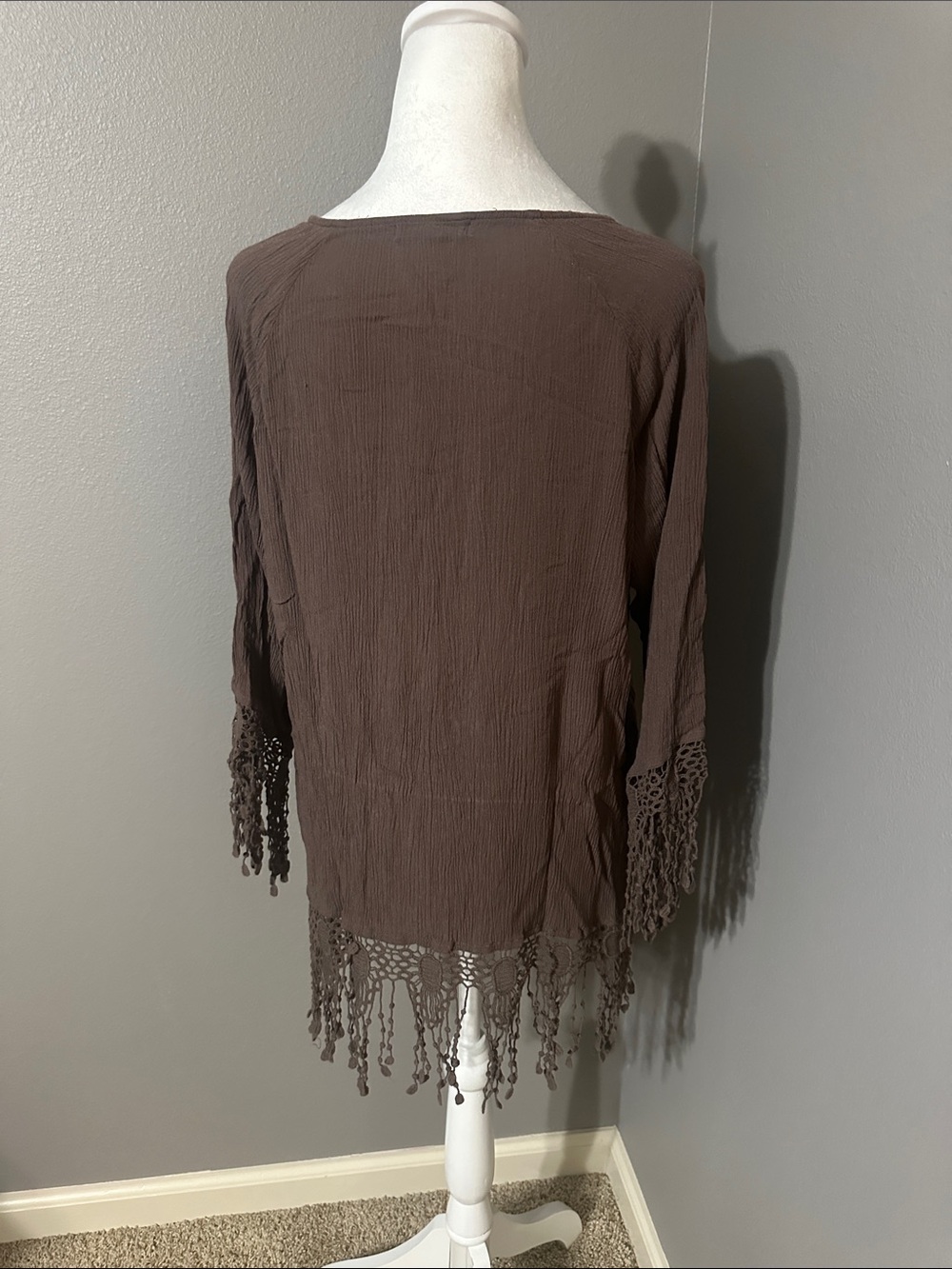 Indigo Soul Women’s Brown Crochet-Trim Fringe Top - Picture 3 of 9
